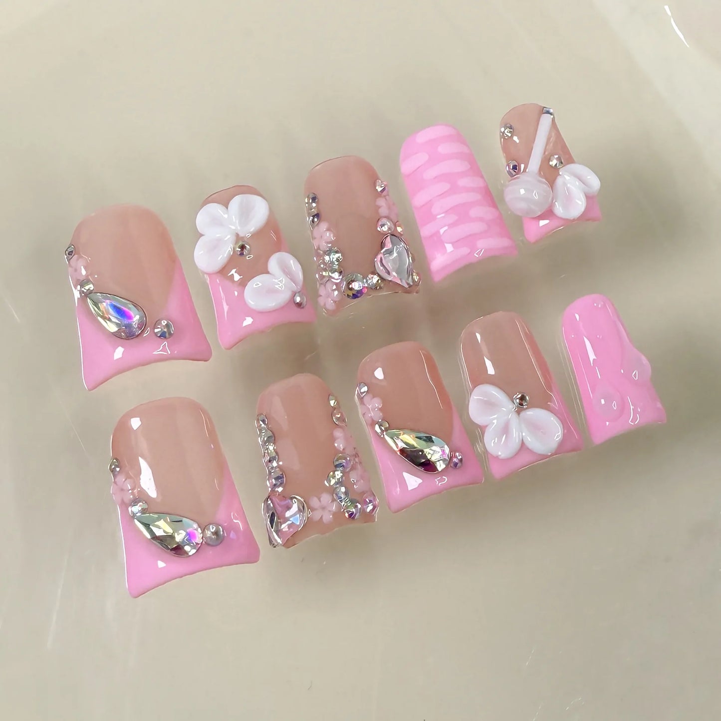 Pink Duckbill French Rhinestone Press-On Nails