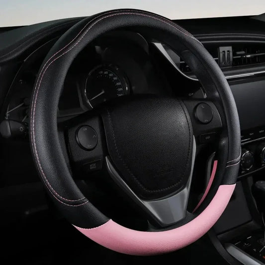 Pink & Black PU Leather Steering Wheel Cover