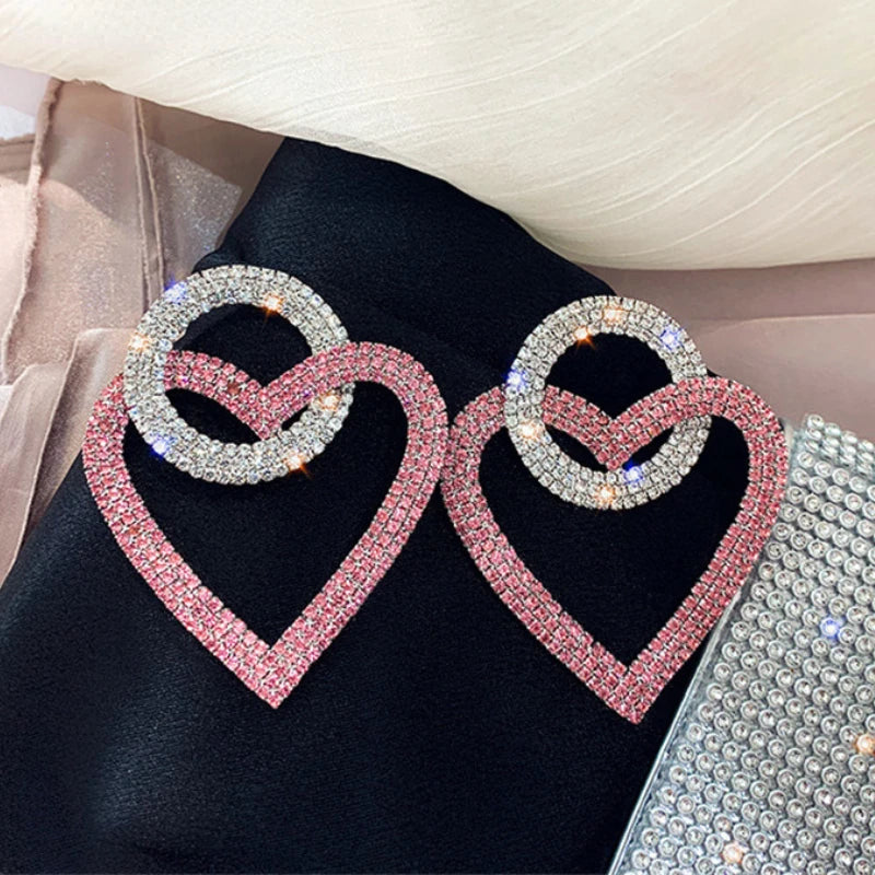 Pink Heart Crystal Statement Earrings