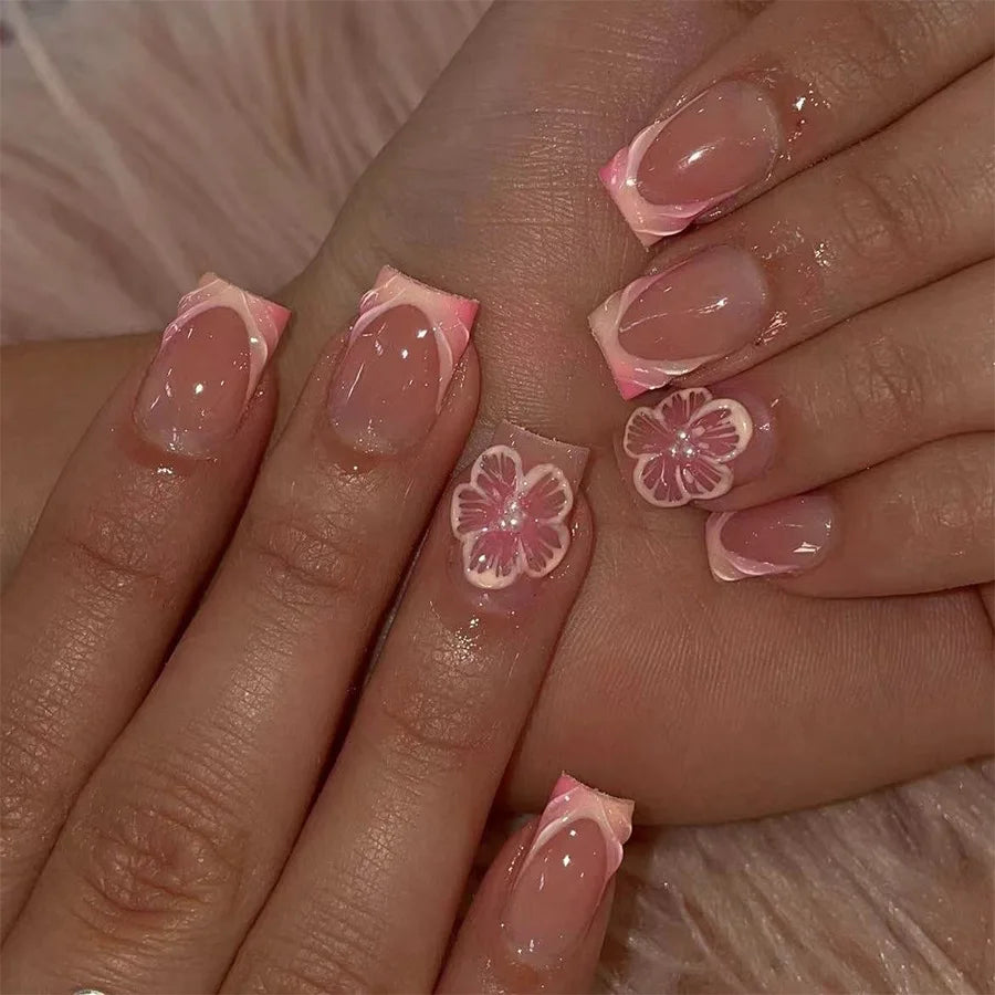 24pcs Pink French, Floral, and 3D Charm Press-On Nails