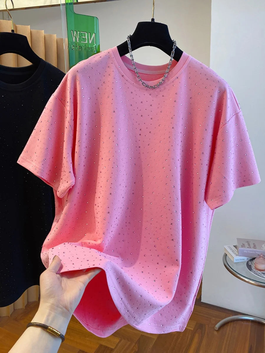Pink Rhinestone Round Neck Loose Tee