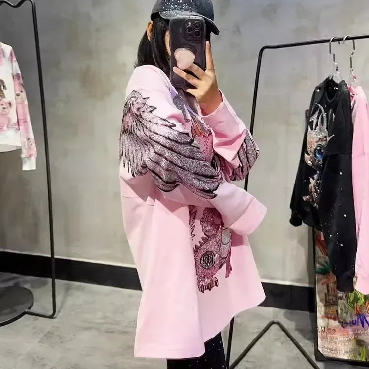 Plus Size Pink Rhinestone Dinosaur Long Sleeve Tee