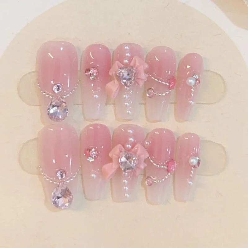 Pink Ombre Rhinestone & Bow Press-On Nails
