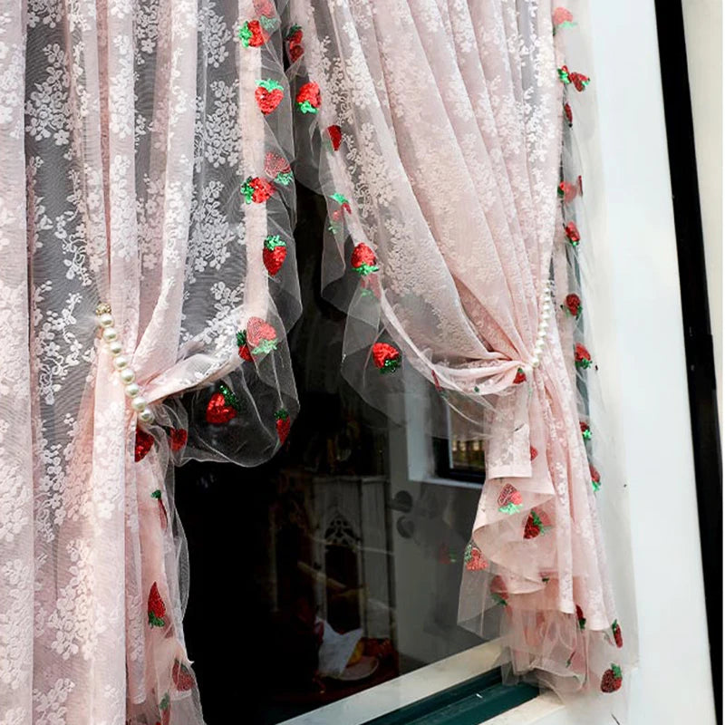 French Pink Strawberry Lace Curtains