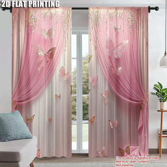 Pink Decorative Art Style Window Curtains (2Pcs)