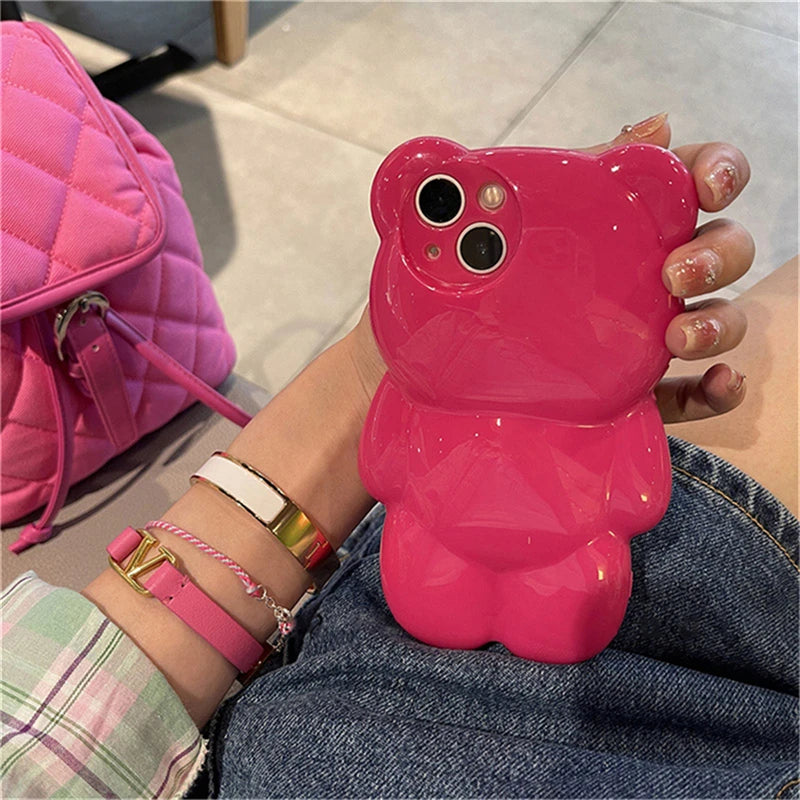 Pink 3D Cartoon Bear iPhone Case