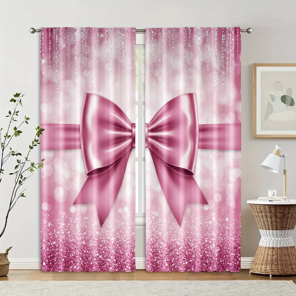 Pink Bow Print Polyester Curtains (2pc)