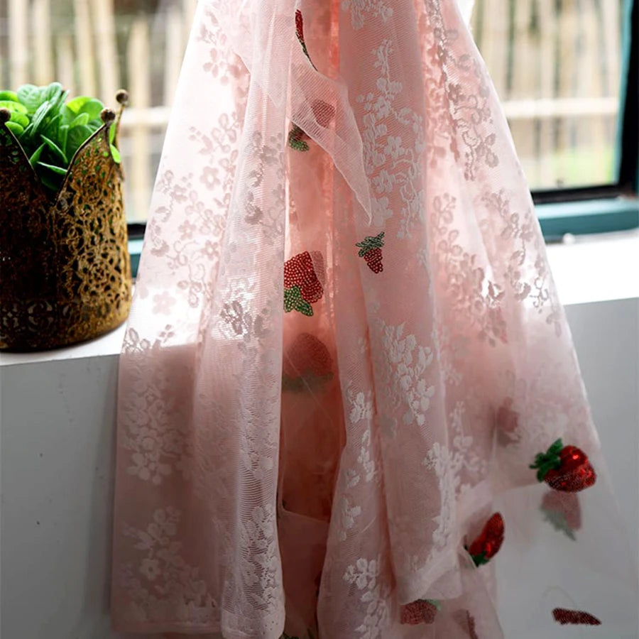 French Pink Strawberry Lace Curtains