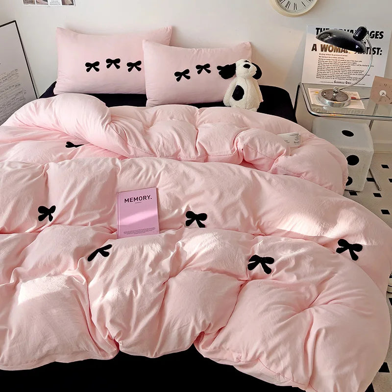 Pink Bow Embroidery Duvet Set