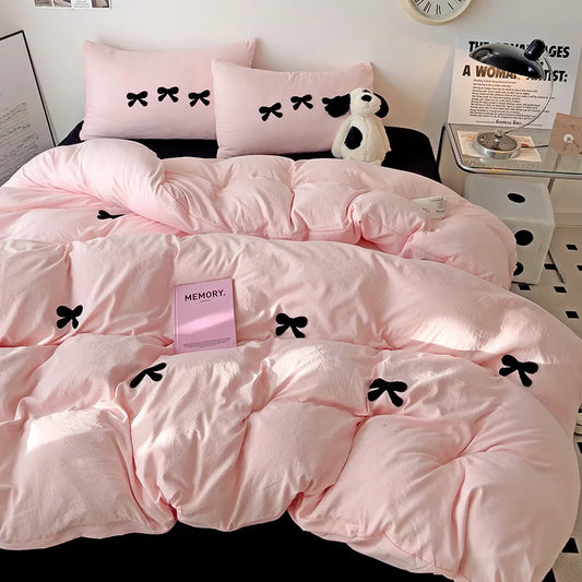 Pink Bow Embroidery Duvet Set