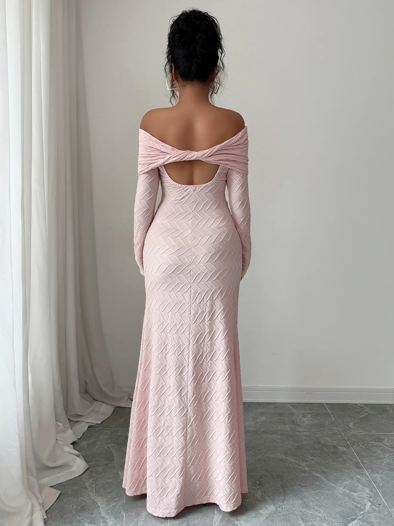 Pink Textured Off-Shoulder Long Sleeve Maxi Dress