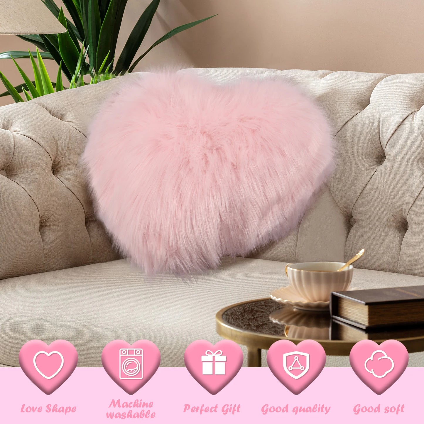 Pink Fluffy Heart Throw Pillow