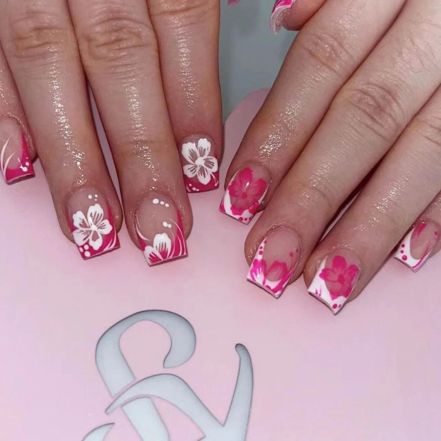 Pink French White Flower Press-On Nails