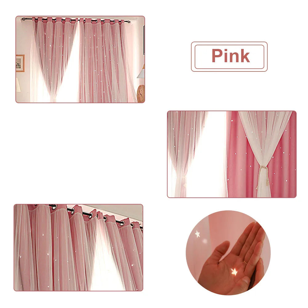 Pink Star Blackout & Tulle Double Layer Curtains