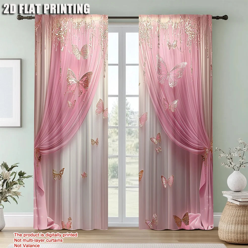 Pink Decorative Art Style Window Curtains (2Pcs)