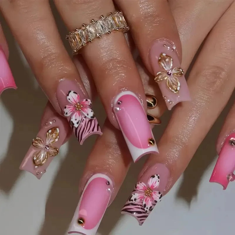 24pcs Pink French, Floral, and 3D Charm Press-On Nails