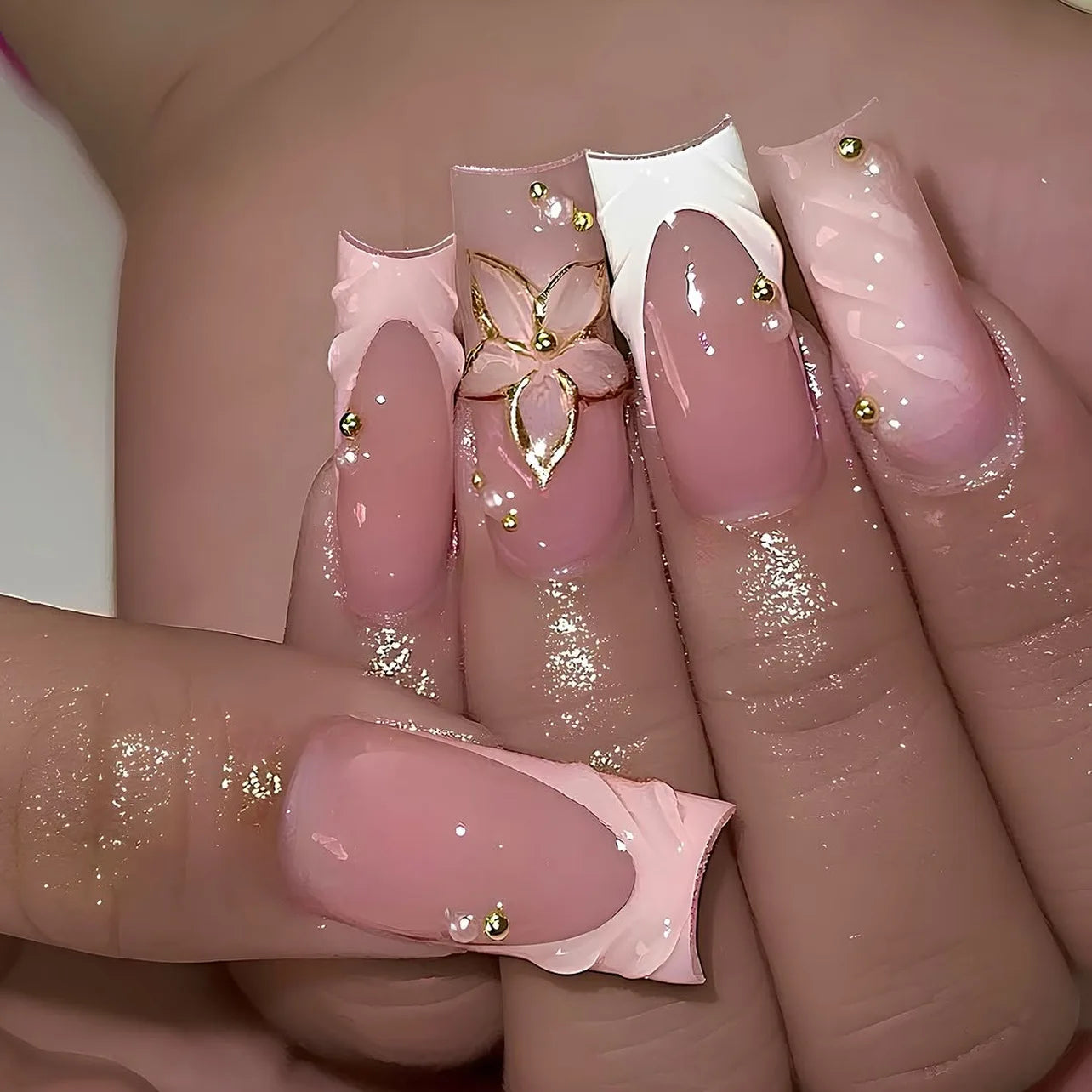 24pcs Pink French, Floral, and 3D Charm Press-On Nails
