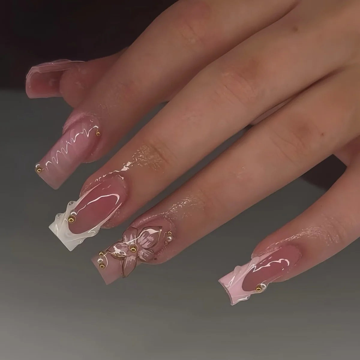 24pcs Pink French, Floral, and 3D Charm Press-On Nails