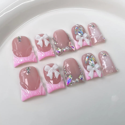 Pink Duckbill French Rhinestone Press-On Nails
