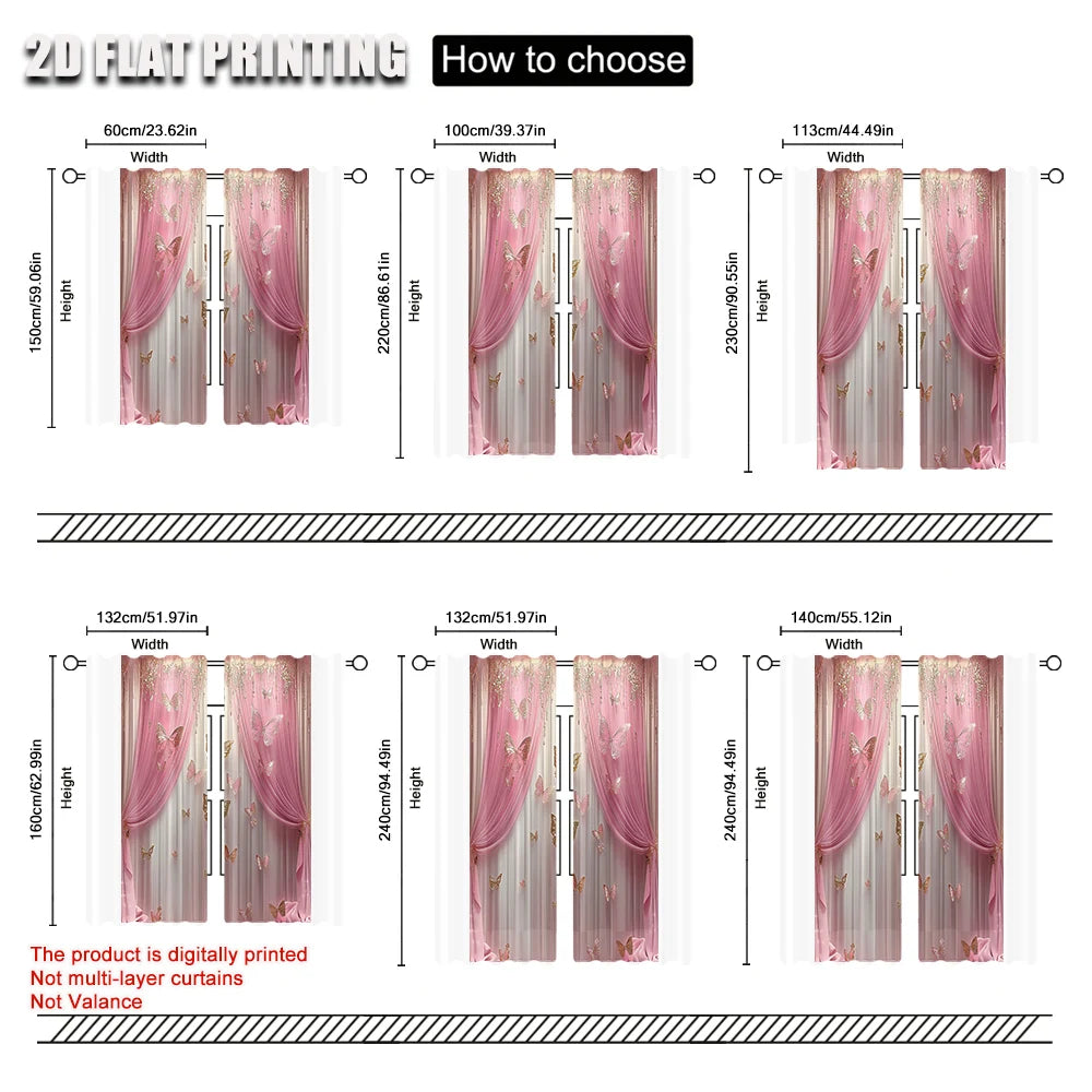 Pink Decorative Art Style Window Curtains (2Pcs)