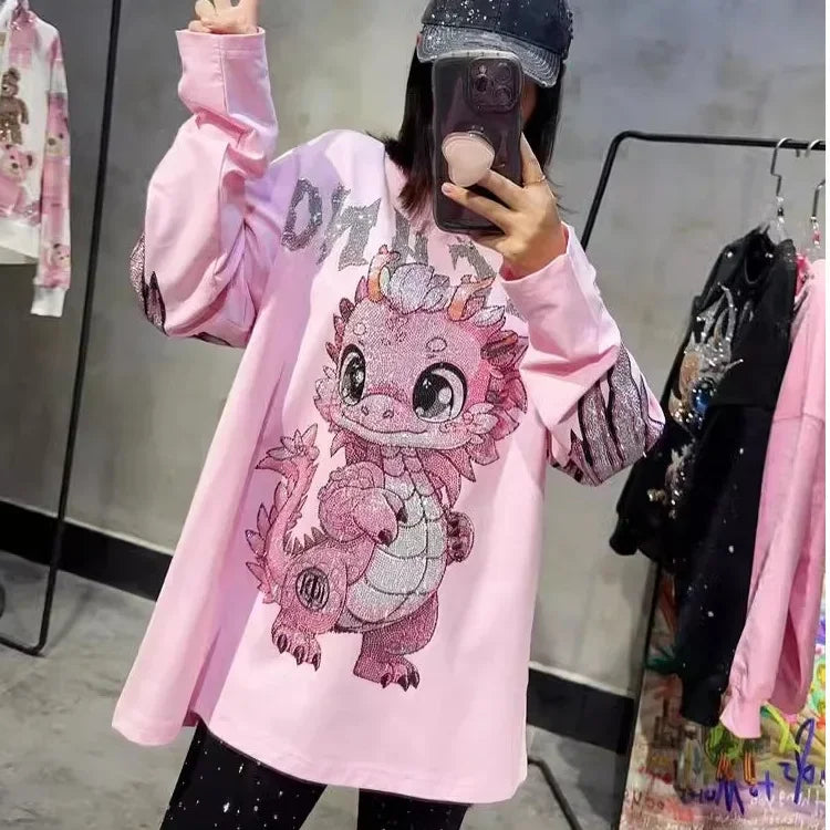 Plus Size Pink Rhinestone Dinosaur Long Sleeve Tee