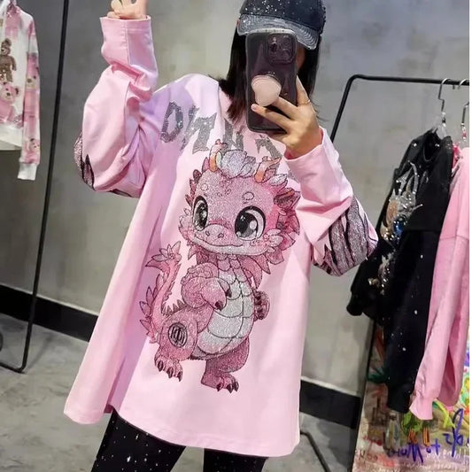 Plus Size Pink Rhinestone Dinosaur Long Sleeve Tee