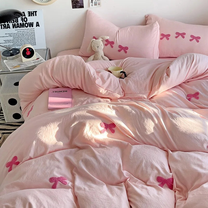 Pink Bow Embroidery Duvet Set