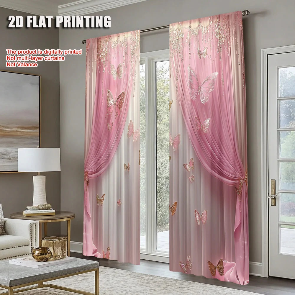 Pink Decorative Art Style Window Curtains (2Pcs)
