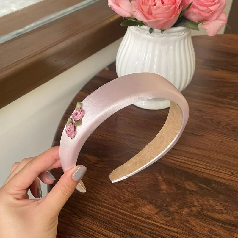 Pink Pleated Flower Plate Wide-Brim Headband