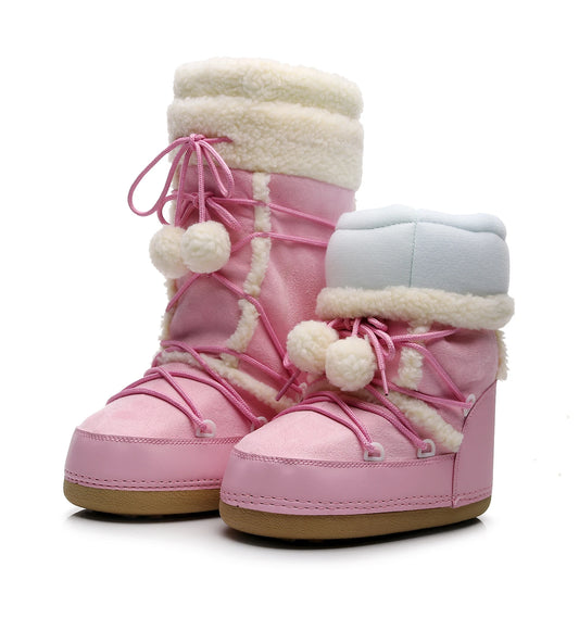 Pink Plush Platform Lace-up Snow Boots