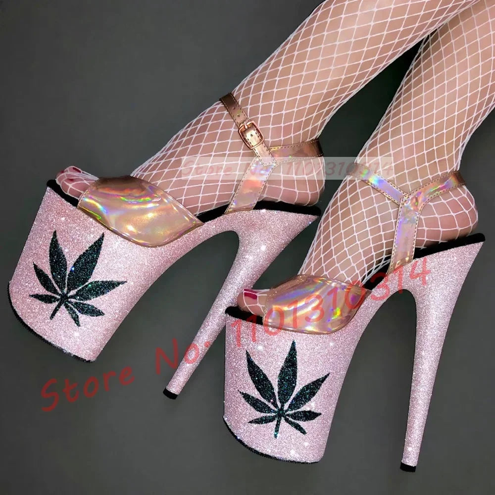 Pink Maple Leaf Glitter Platform Sandals