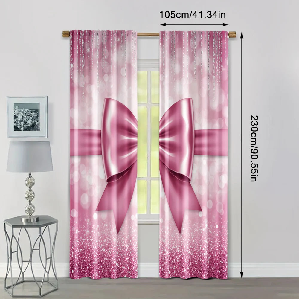 Pink Bow Print Polyester Curtains (2pc)