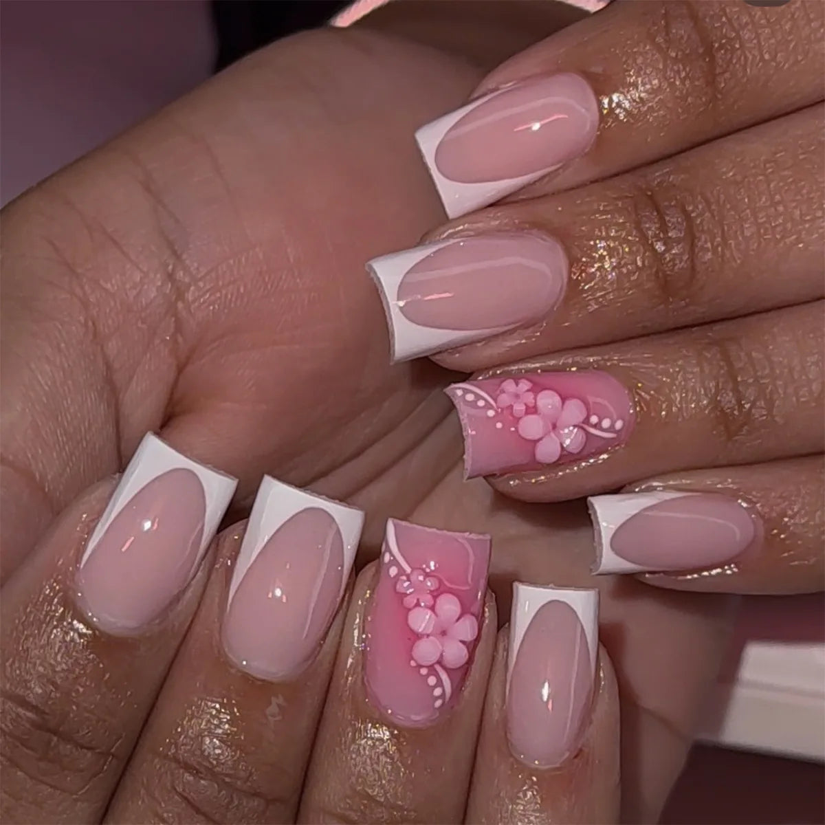Pink French White Flower Press-On Nails