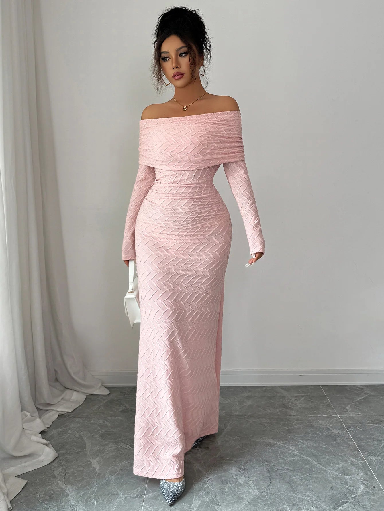 Pink Textured Off-Shoulder Long Sleeve Maxi Dress