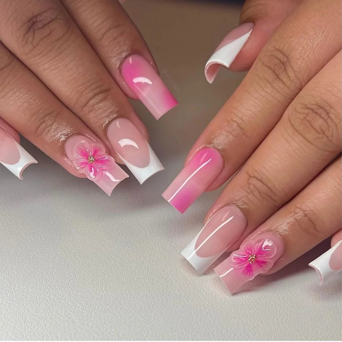 24pcs Pink French, Floral, and 3D Charm Press-On Nails