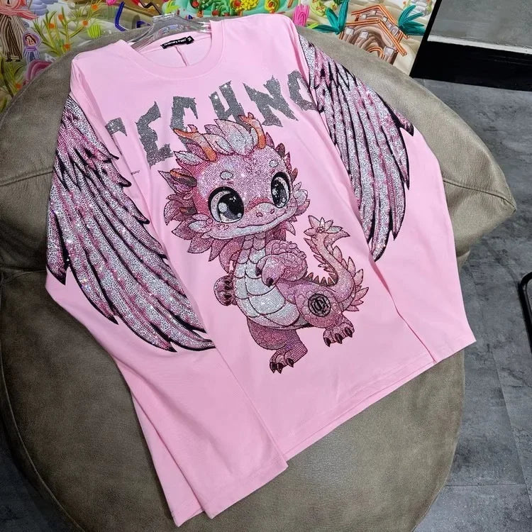 Plus Size Pink Rhinestone Dinosaur Long Sleeve Tee