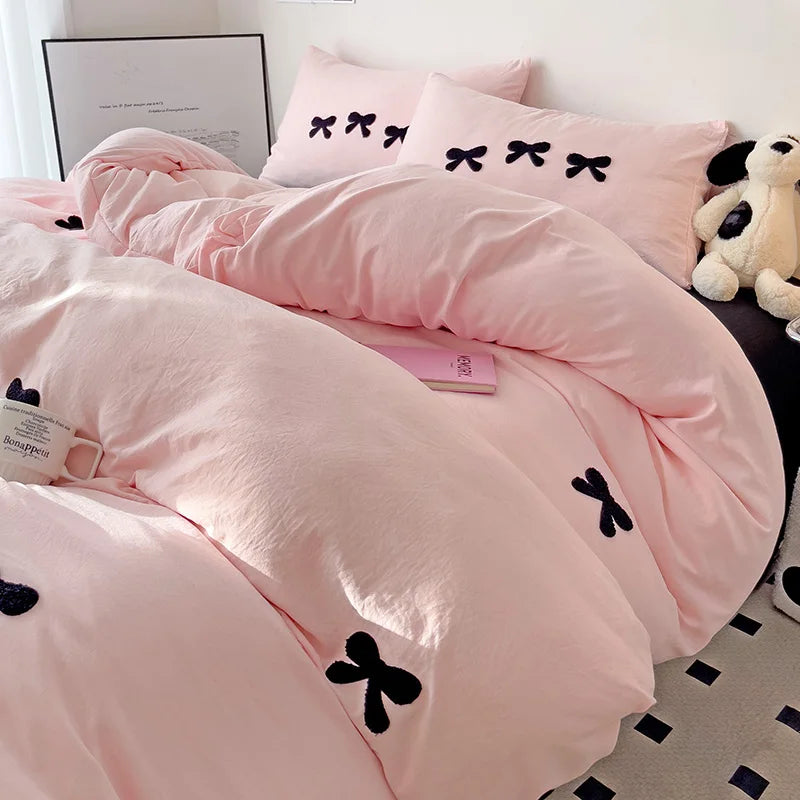 Pink Bow Embroidery Duvet Set
