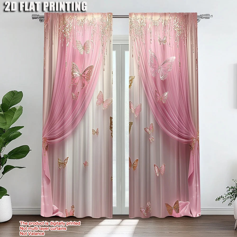 Pink Decorative Art Style Window Curtains (2Pcs)