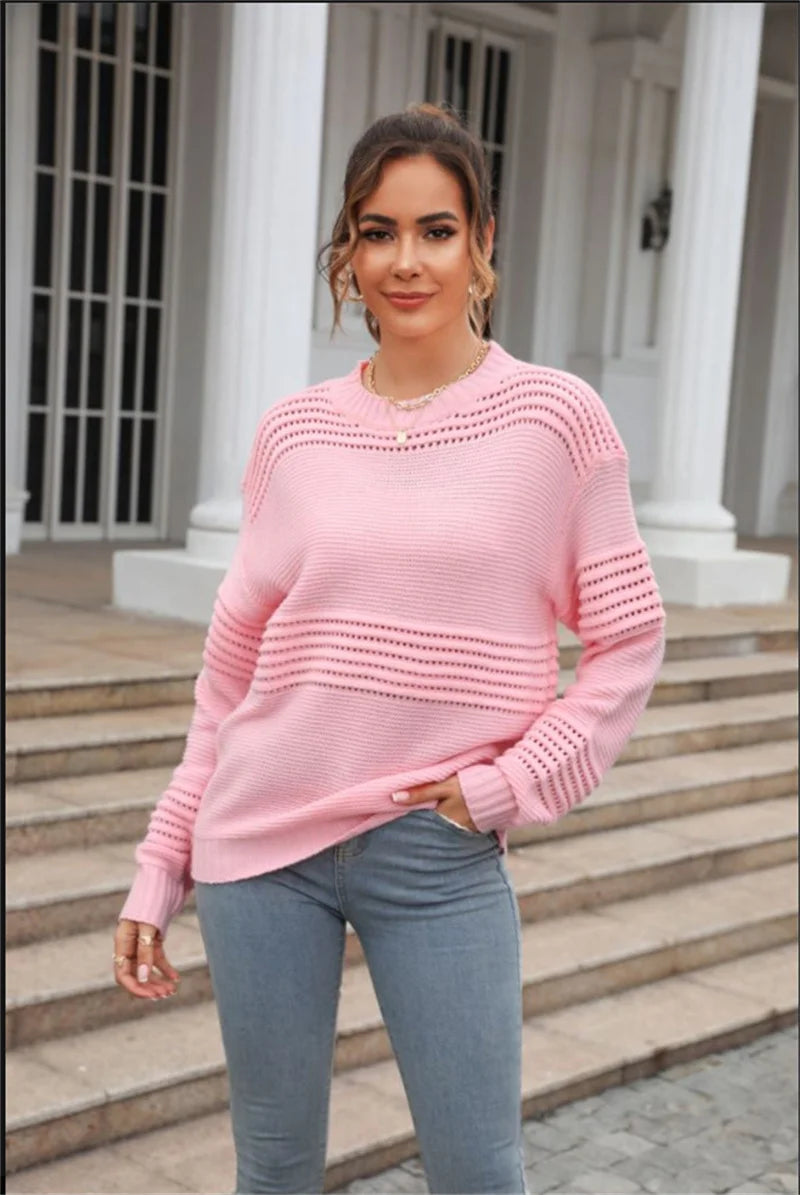 Pink Hollow Stripe Loose Knit Pullover