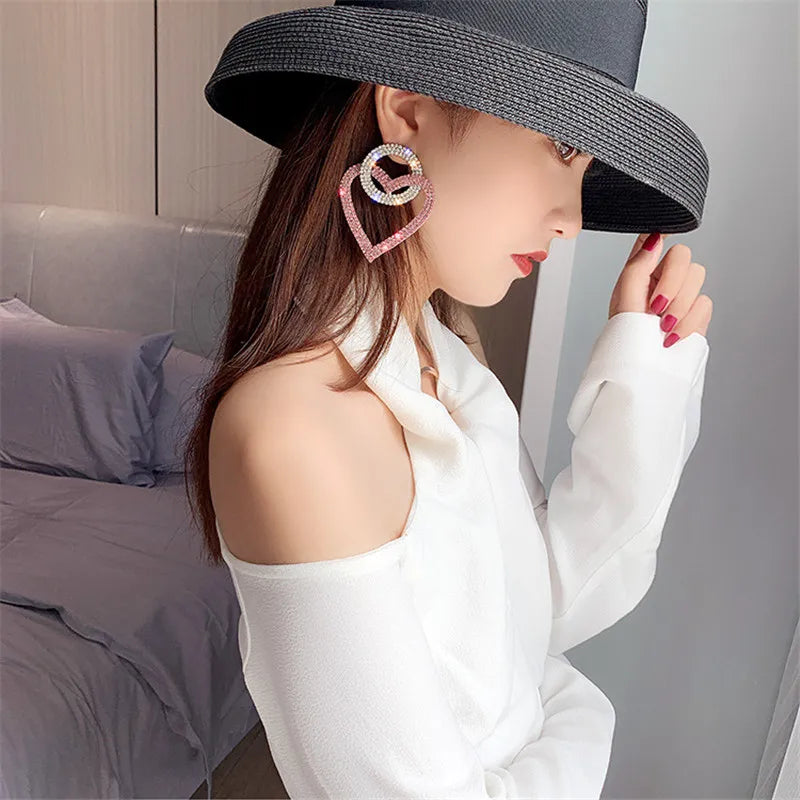 Pink Heart Crystal Statement Earrings