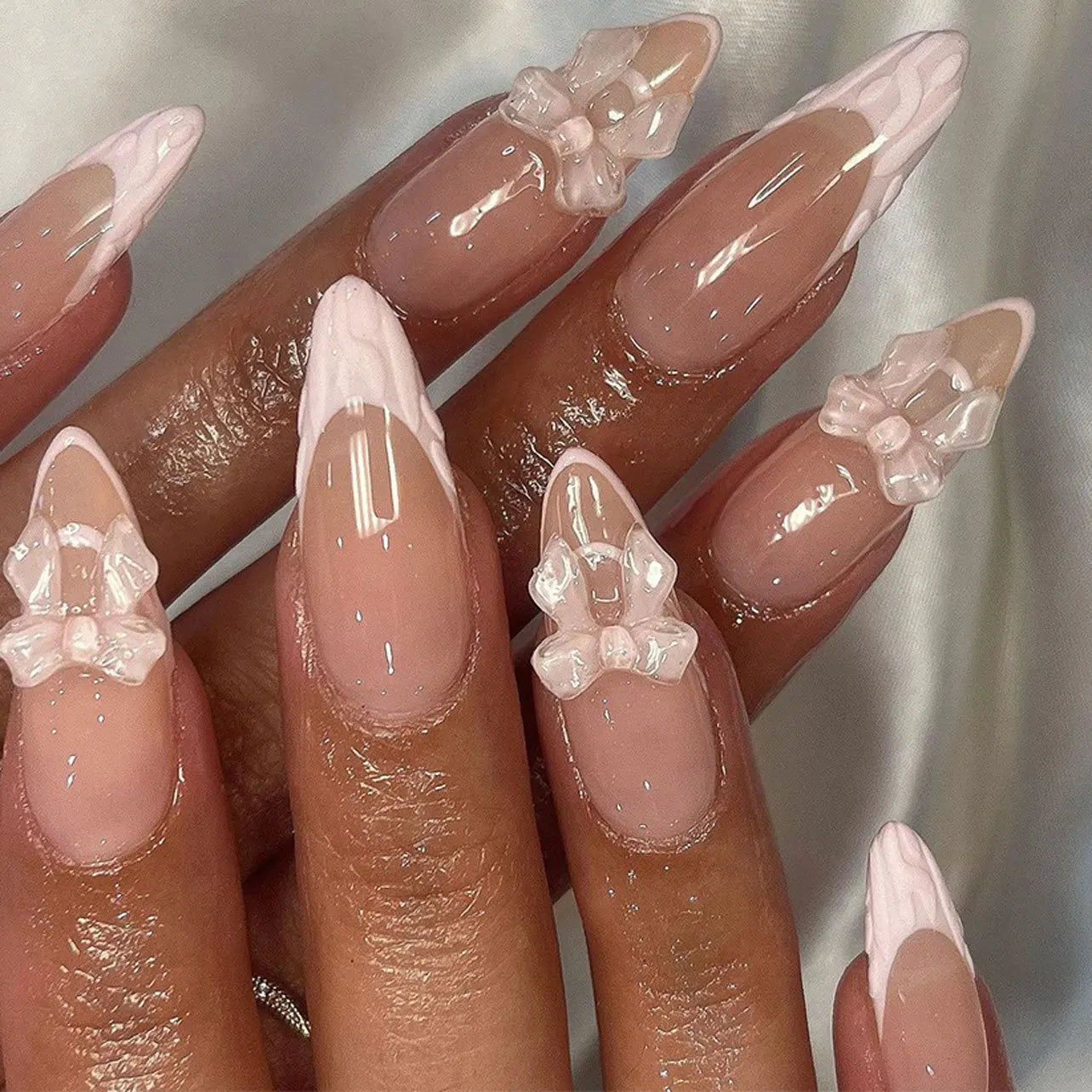 Blush Pink 3D Bow Almond Press-On Nails