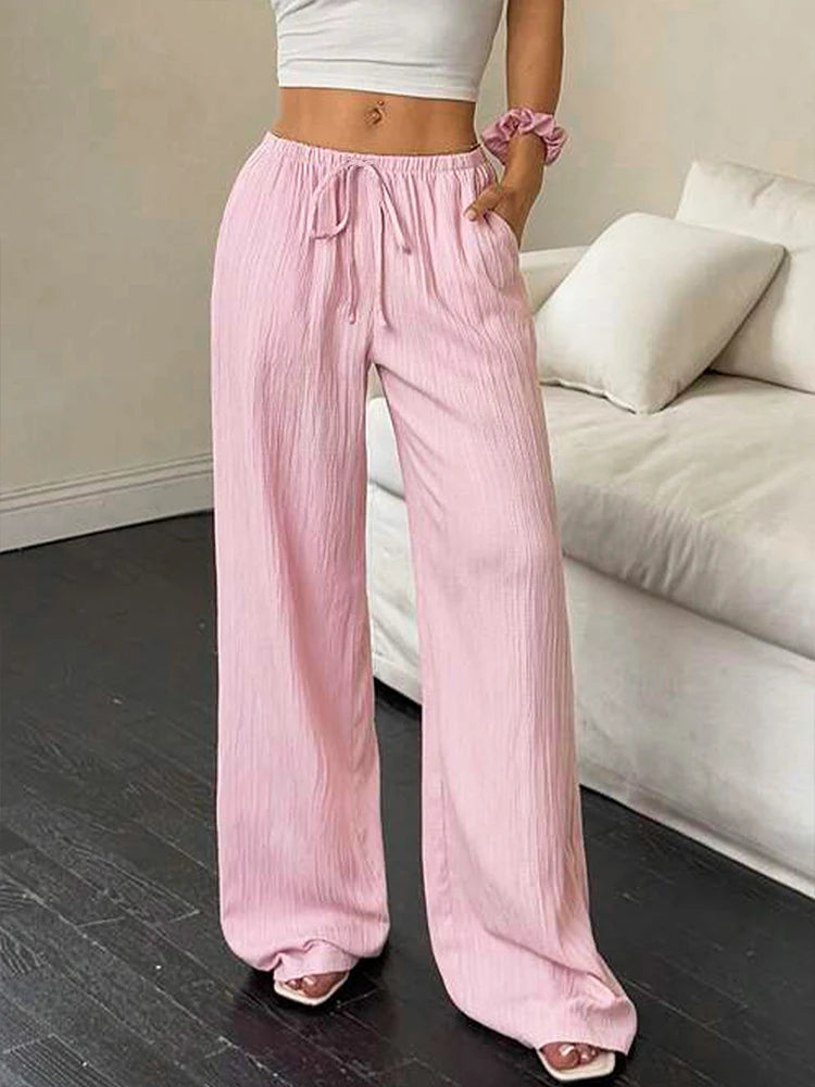 Pink Lace-up Slim Trousers