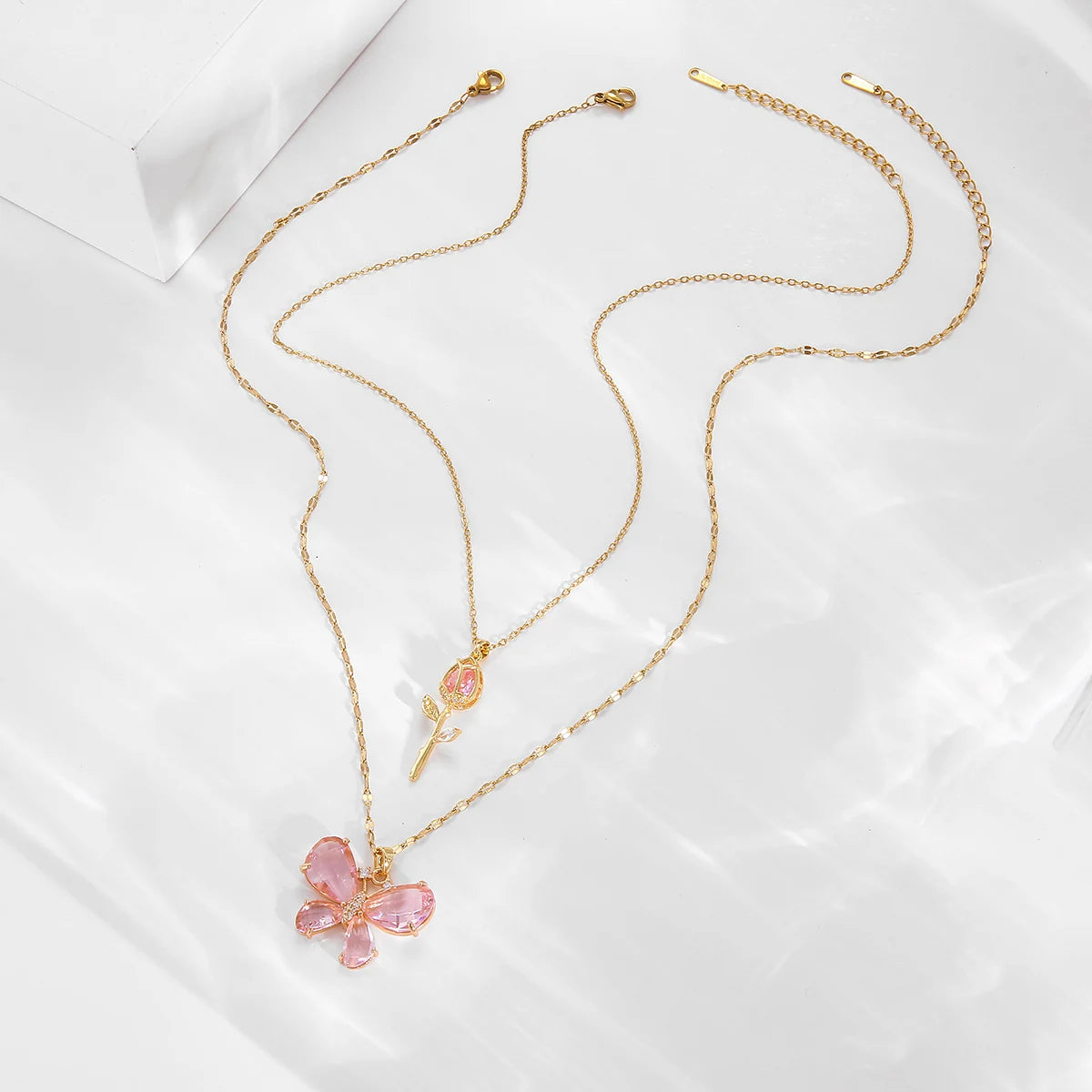 Pink Butterfly Zircon Rose Necklace