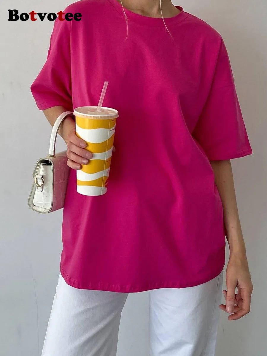 Oversized 100% Cotton Solid Pink T-Shirt