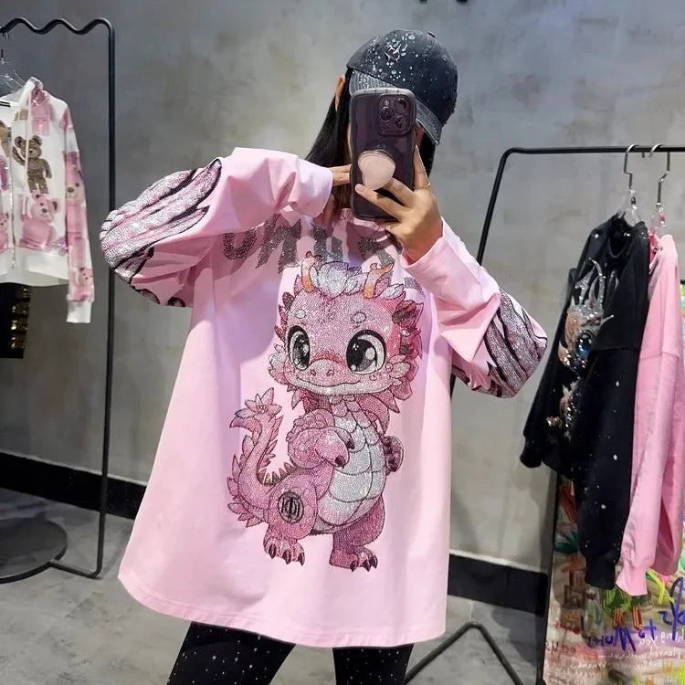 Plus Size Pink Rhinestone Dinosaur Long Sleeve Tee