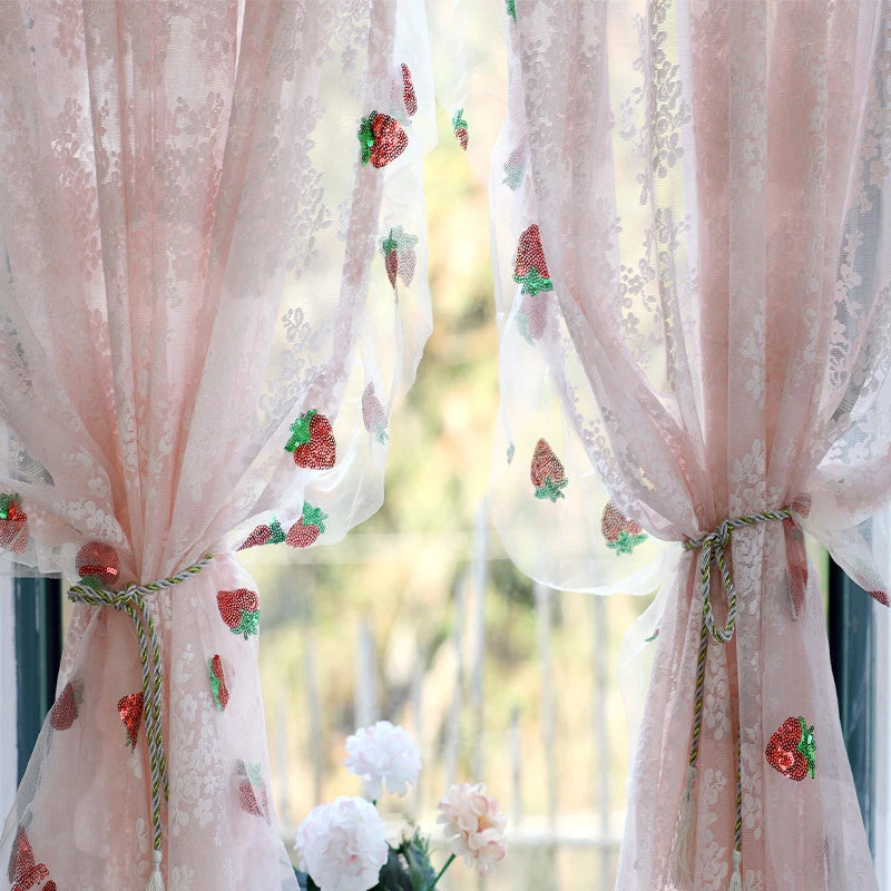 French Pink Strawberry Lace Curtains