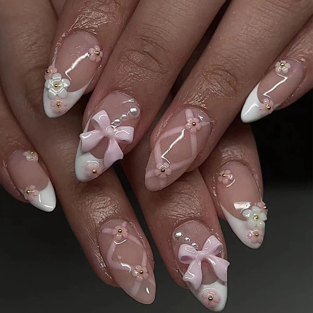 Blush Pink 3D Bow Almond Press-On Nails