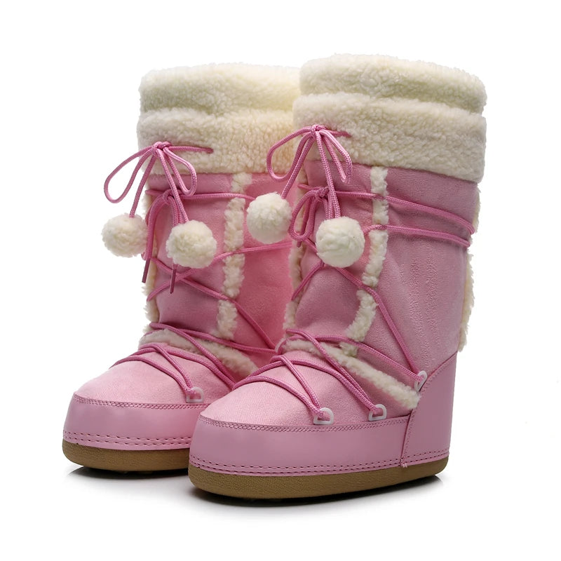 Pink Plush Platform Lace-up Snow Boots