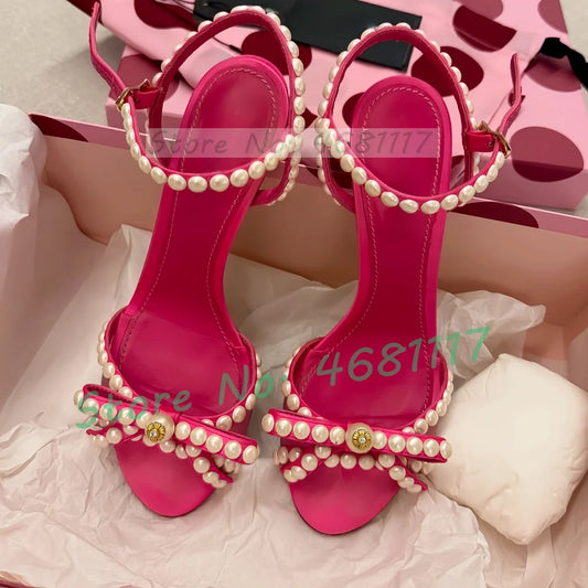 Pink Pearl Bow Satin Stiletto Sandals