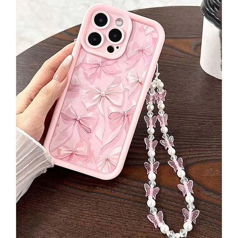 Pink Bow Pattern Butterfly Charm iPhone Case